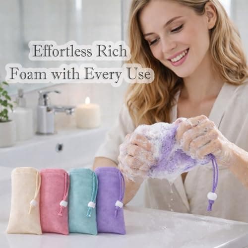 Exfoliating Soap Bags for Shower - 5 Pack Reusable Mesh Soap Bar Bags with Drawstring, Thickened Lathering Pouches for Travel, Bath, Face Wash, Cleanser Storage and Quick Drying — view 2