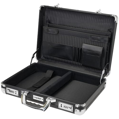 HMF Aluminium Briefcase for Laptop up to 17.3 Inches, Men's Business Briefcase with Combination Lock, Padded Laptop Compartment and Organiser in the Lid | 45 x 33 x 11 cm | Black