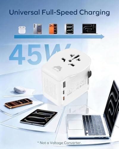 Mobitel Universal Travel Adapter Worldwide 45W USB C PD, International Travel Plug Adapter for UK EU USA Australia, Fast Charging World Adapter with USB C & USB A for Laptop iPad Tablet Phone — view 2