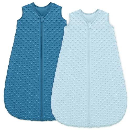 Unnivoll Baby Sleeping Bag 1.5 Tog with Plush Dots Sleep Bag 2 Pack Baby Sleep Sack Wearable Blanket for Newborn Infant 0-6 Months Sky Blue