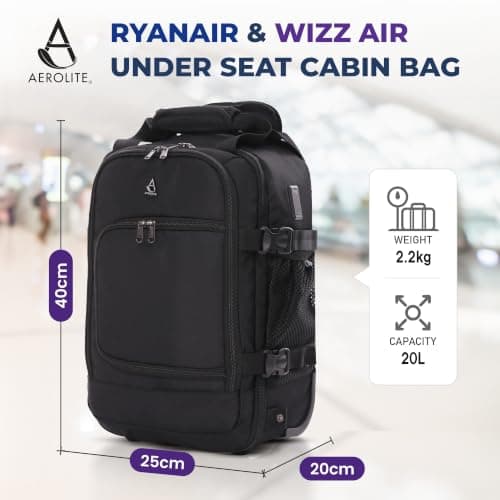 Aerolite Ryanair & Wizz Air Trolley Backpack Bag, 2 Wheels & USB Port — view 2