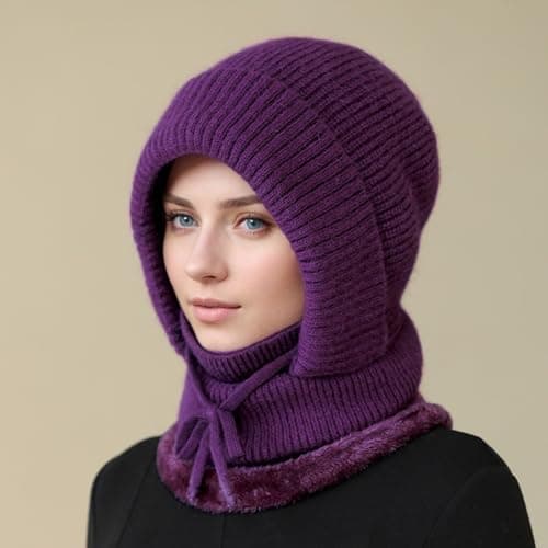 Knitted Balaclava Women Winter Warm Knitted Caps for Women with Neck Warmer Fleece Lined Woolly Pom Pom Beanie Hat Adjustable Windproof Balaclava Hooded Hats for Outdoor Sports Travel Skiing Purple — view 3