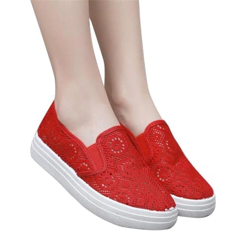 Womens Slip On Mesh Casual Shoes Summer Breathable Platform Low Top Flat Walking Shoes Lightweight Non Slip Comfort Fashion Hands-Free Trainers Outdoor Beach Travel Ladies Footwear Red — view 4