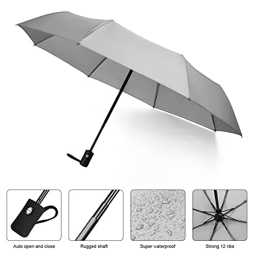 Vicloon Travel Umbrella, Folding Umbrella, 8 Ribs Compact Windproof Umbrella, Auto Open/Close, Sturdy Reinforced Canopy Automatic Portable Umbrella for Men&Women (Grey) — view 5