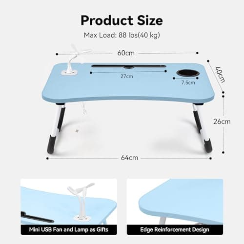 Foldable Laptop Table with USB Ports, Drawer, Cup Holder&Tablet Slot, Blue — view 5