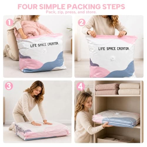 BIZOI 4PCS No Pump Vacuum Storage Bags, Reusable Vacuum Pack Bags, Press & Seal Roll-Up Compression Bags, Space Saver Sealer Bags for Clothes Duvets Bedding Pillows Blankets, Travel and Home (2M+2L) — view 4