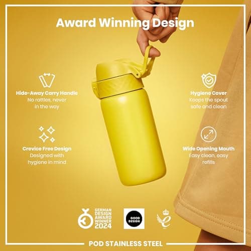 ION8 Lightweight Steel Kids Water Bottle, 400ml/13oz, Non-Insulated, Leak Proof, Easy to Open, Secure Lock, Dishwasher Safe, Fits Cup Holders, Carry Handle, Metal Water Bottle, Yellow — view 6