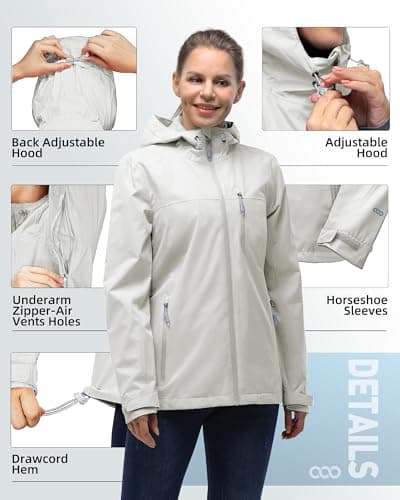 33,000ft Women's Lightweight Waterproof Jacket Packable Hooded Rain Jacket Breathable Windbreaker Softshell Raincoat for Outdoor Running Walking Hiking (Beige-M/UK 12) — view 3