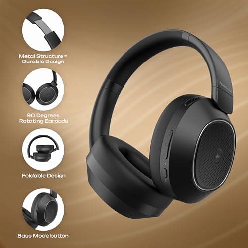 PowerLocus Hybrid Active Noise Cancelling Headphones, 60 Hours Playtime Over Ear Bluetooth Headphones, Hi-Fi Stereo Wireless Headphones with Bass Button, Foldable, with Mic for Travel,Mobile Phone,PC — view 4