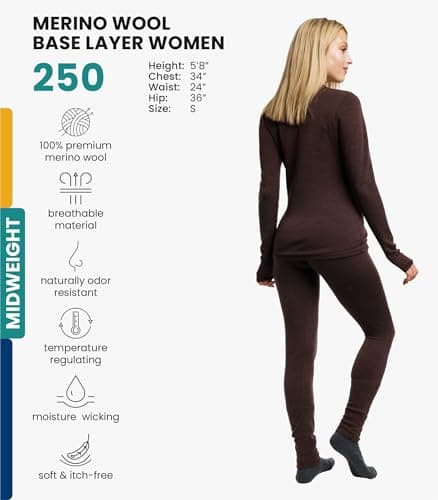 100% Merino Wool Base Layer Womens Set - Thermal Underwear Womens + Socks (Small, 250 Chocolate) — view 2