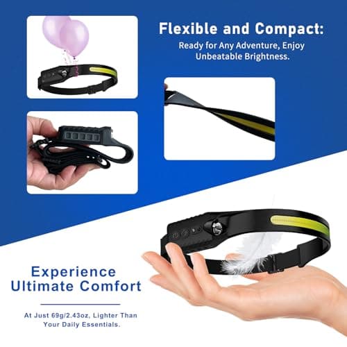 Head Torch Rechargeable [2 Pack], 400 Lumen Waterproof LED Headlamp with Motion Sensor, 230° headband light, 5 Lighting Modes, Long Runtime, Lightweight Headlight for Adults for Running Fishing Hiking — view 4