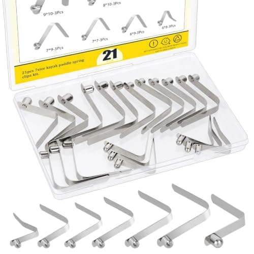 Mardatt 21PCS 7 Sizes Push Button Spring Clips Kit, Stainless Steel Push Button Clips, V Shaped Tent Pole Clips, Spring Snap Clips Locking Tube Pin for Camping Kayak Paddle Tent Pole