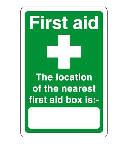 First aid the location of the nearest first aid box is - safety sign - 1.2mm Rigid plastic for indoor/outdoor usage (200mm x 150mm) Viewing Distance within 5m.