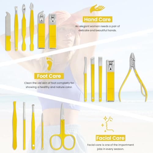 LOPHE Professional Manicure Set, 16pcs Portable Nail Clippers & Eyebrow Grooming Kit, Stainless Steel Nail Care Tools with Luxurious Leather Case for Travel & Home(yellow) — view 3