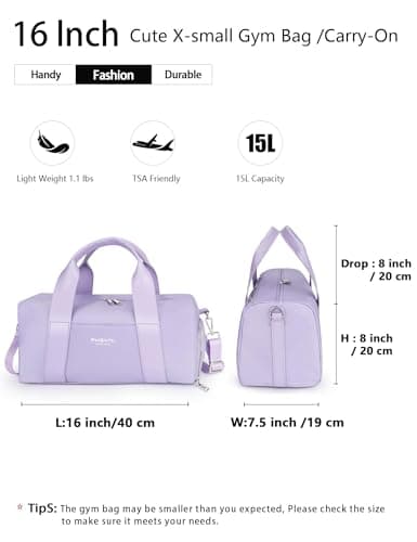 Small Gym Bag for Girls Kids,Sport Duffle Bag for Women Fitness Workout, Travel, Dance, Ballet, Swim with Shoes Compartment & Waterproof Pocket,Easy Carrying Pu Leather Handle (Purple,16"-Small) — view 2