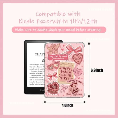 VelvetGlow 12PCS Inserts Cardstock for E-Reader Clear Case with 50PCS Scrapbook Stickers for Insert, 6.9"x4.8" Pink Bow Theme Back Cover Accessories for Paper White 11th-12th, Gifts for Booklovers — view 2