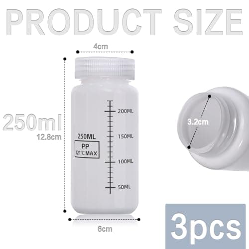 DKBT Pack of 3 Wide Mouth Water Bottle 250 Ml Plastic Bottles with Wide Opening Lids Leak-Proof Laboratory HDPE Bottle Translucent Pill Bottles for Pill Medicine Water Sample Travel — view 2
