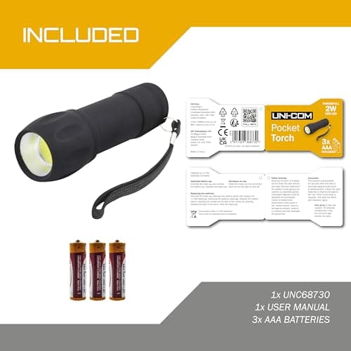 Uni-Com Pocket Torch – Compact COB LED Flashlight with Wrist Strap, Soft-Touch Body, Durable Design, Batteries Included for Every Day, Outdoor & Emergency Use, Black — view 6