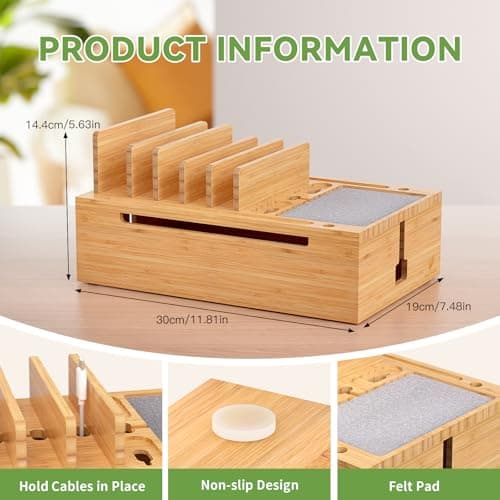 Pezin & Hulin Bamboo Charging Station for Multiple Devices, USB Charger Dock Organizer, with Power Supply (10 Ports HUB), 6 Cables, Cable Management Organizer for Cell Phones, Tablets -Natural Color — view 2
