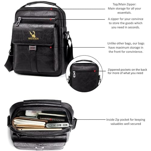 A-QMZL Men's Shoulder Bag Messenger Bag PU Leather Business Travel Crossbody Pack Satchel Side Bag Casual Handbags Men's bag for Working HikingTraveling Daily Use (black 1) — view 5