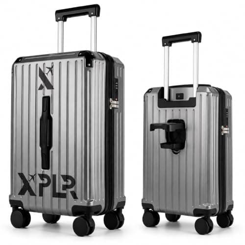 XPLR 55x34x24cm Cabin Suitcase - Hard Shell 20" Carry On Bag Luggage - USB Charging Port - Cup Holder - TSA Lock - 360° Wheels - Lightweight 2.8kg Hand Luggage for Travel (Urban Grey)