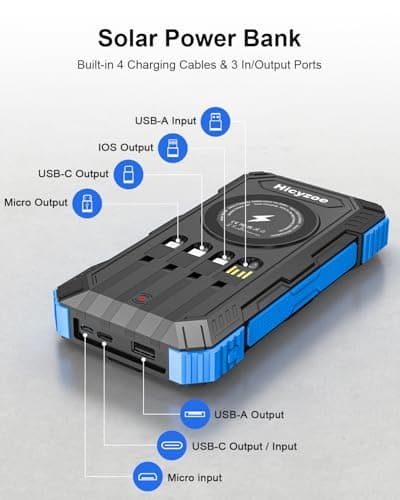 Solar Power Bank, 26800mAh Power Bank with 4 Built-in Cables, Portable Charger with USB-C Fast Charging, Qi Wireless Charging with LED Flashlights, for Cell Phones, Tablets, and Camping — view 3