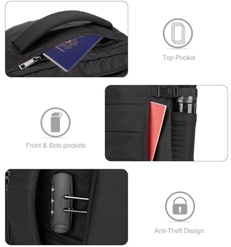 Tzowla Travel Laptop Backpack Cabin Size 40L Mens Womens,Carry on Large Capacity Anti Theft Backpacks for Travelling with USB Charging Port,Business Causal Daypack Bag Fits 17.3Inch Laptop,Black — view 4