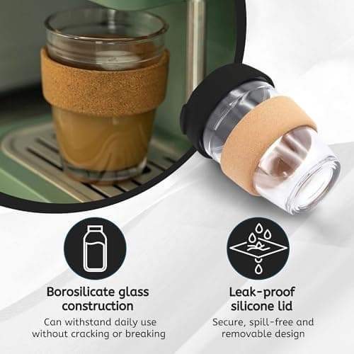 Glass Coffee Cup with Lid and Heat Resistant Cork Sleeve (Black) — view 2