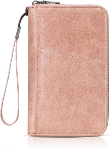 Apradas Passport Holder Travel Wallet for 3 Passport and Tickets, RFID Pink Passport Wallets Zipper, Bi-fold Travel Document Holder for Cards ID Window (Pink)