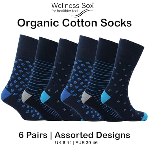 Mens Wellness Sox – 6 Pairs Organic Cotton Socks with Non-Elastic Cuff – Work, Walking & Travel | Antibacterial Diabetic | UK 6-11 | EU 39-46 (UK, Alpha, One Size, Regular, Regular, Brantford) — view 3