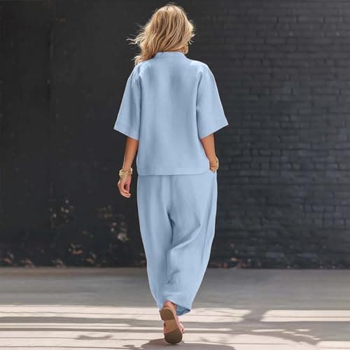 Travel Outfit Airport Set Women Two Piece Travel Sets For Women Co Ords Sets For Uk Lounge Wear Linen 2 Piece Set Cotton Spring+Break Outfits Vacation Pants Trendy V Neck Suit Linen Suits Light — view 2