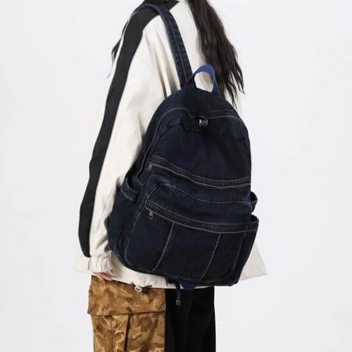 GAMLFL Canvas Backpack for Women Retro Aesthetic Rucksack Basic Backpack for High School/College Students Travel Laptop Bag, Dark Denim, 5.6 x 13.3 x 16.2 inches, Travel Backpacks — view 6