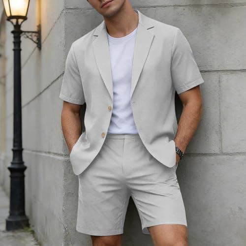 RUMAOZIA Men's Linen Summer Lightweight Suits Short Summer Shirt Set Figure-Shaping Travel Linen Suit Urban Breathable Expedition Oversize Short Sleeve Suit Beach Two Piece Leisure Suit, O Light Grey — view 3