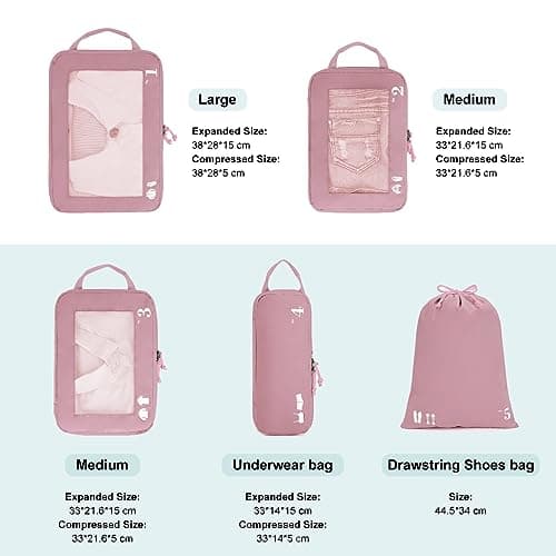 ECOHUB 5 Set Compression Packing Cubes for Suitcases Organiser Bags Travel Accessories with Shoes Bag Tear-resistant Travel Cubes with ID Tag Expandable Packing Bags(Pink) — view 2