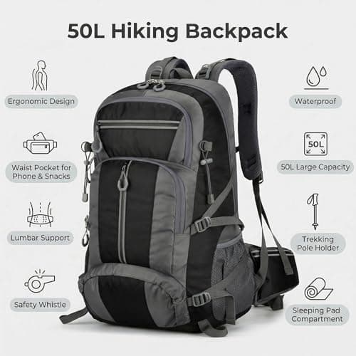NTUOCAW 50L Hiking Backpack for Men Women,Large Lightweight Waterproof Camping Rucksack,Grey Travel Backpack for Trekking,Outdoor Sports,Cycling,Climbing,Mountaineering — view 3