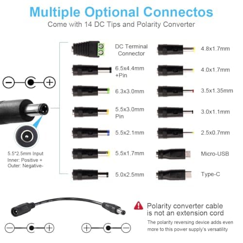 Universal Power Supply 3V~24V 6A 144W Adjustable Variable 3V 5V 9V 12V 18V 20V 24V AC/DC Adapter Charger, 100V-240V AC to DC Converter with 14 Tips, Polarity Converter and 4-Way Power Splitter Cable — view 5