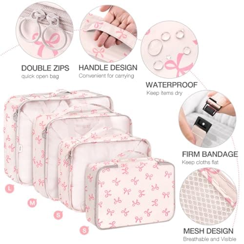 8 Set Packing Cubes for Suitcases,Suitcase Organizer with Shoe,Cosmetics,Clothing, and Accessories Bags for Travel Luggage Organizer Women Men(Pink Bows) — view 3