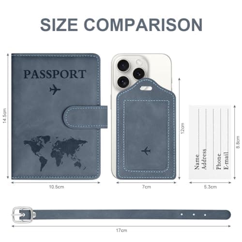 OFFCUP Passport Holder Cover, PU Leather Passport Cover and Luggage Tag Set with RFID Blocking Travel Wallet, Universal Travel Wallet Case Organiser for Money, Boarding Passes, Credit Cards Sea Blue — view 2