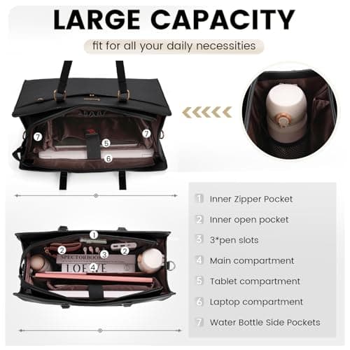 RAINSMORE Laptop Bag for Women 15.6 Inch Work Tote Bags Waterproof PU Leather Handbag Shoulder Bags Business Office School Briefcase Black — view 2