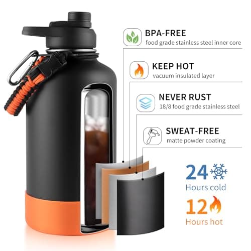 Sivaphe Stainless Steel Water Bottle 2 Litre, Vacuum Insulated Flask with Protective Sleeve, 64oz Large Bottles with Spout Lid for Outdoor, Sports(Black) — view 6