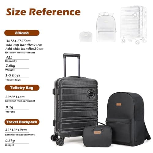 Aklsvion 20 Inch Suitcase Set PC Hard Shell Luggage Hand Luggage Travel Trolley Case Cabin Bag Sets 3 Piece Luggage Sets with Travel Backpack and Toiletry Bag for Short Travel (Black) — view 2