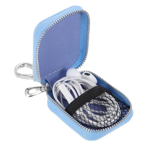 sourcing map Earbuds Cases, Earphone Case Holder, PU Leather Ear Buds Case Zipper Organizer Small with Mesh Pocket for USB Cable, Wireless Wired Earphones, Blue — view 3