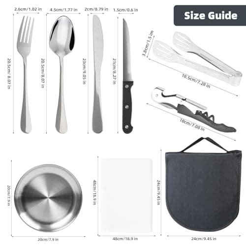 14 Pcs camping plate set,camping plates and bowls set for 2,stainless camping cutlery,Including portable cutlery bag- Ideal for road trips, picnics, and camping adventures,reusable — view 2