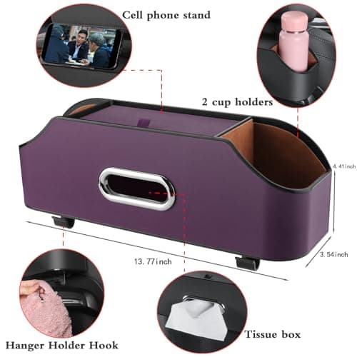 Car Seat Back Organizer with Cup Holders, Tissue Box & Hooks, Purple — view 2