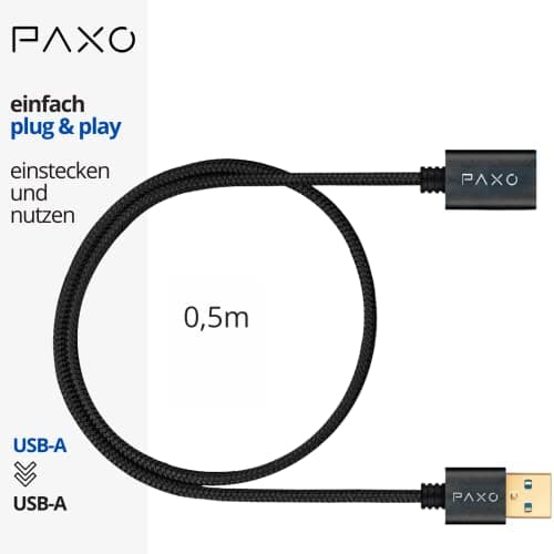 PAXO USB extension 0.5m, 10 Gbit/s (1.25 GByte/s), USB 3.2 Gen2 (3.0, 3.1), USB extension cable, A plug to A socket, black, fabric jacket — view 2