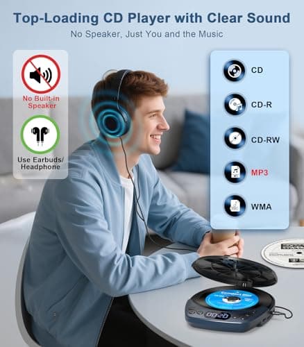 Greadio Portable CD Player, Rechargeable Discman CD Players for Home & Car — view 2