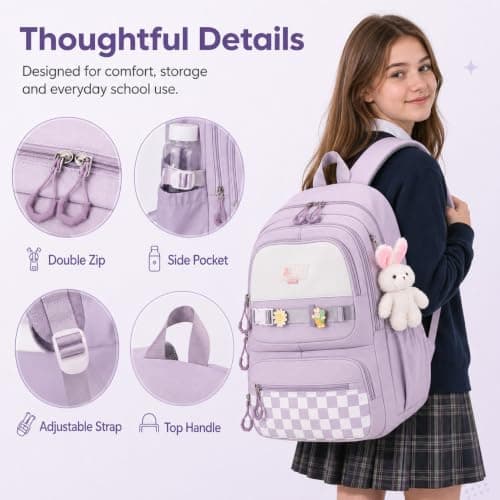 JANSBEN School Bags for Girls Water-Resistant Polyester Kids Backpack with Anti-Theft Pocket and Kawaii Pendant for Secondary School Commute Fits 15.6 Inch Laptop — view 6