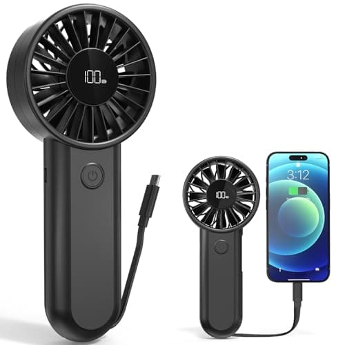 Amacool Handheld Fan Rechargeable, Built-in Type-C Cable, 5-Speed Personal Fan with LED Display, Max 12H Runtime, Portable Fans for Travel Outdoor Cruise Makeup, Gift for Women Stylish Girl (Black)