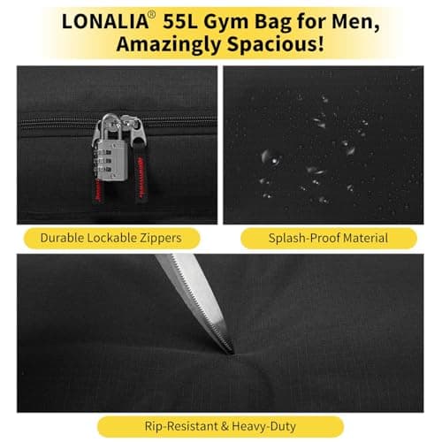 LONALIA 55L Large Gym Sports Duffle Bag for Men - 22 inch Mens Travel Holdall Weekend Overnight Bag (Black) — view 4