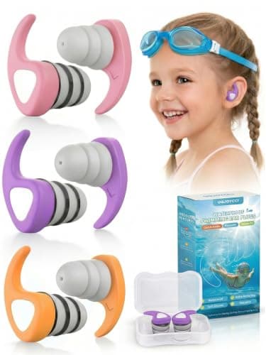 Kids Swimming Ear Plugs, 3 Pairs Waterproof Reusable Silicone Swim Ear Plugs for Pool Bath Showering & Water Sports, Fits Children Ages 3-10